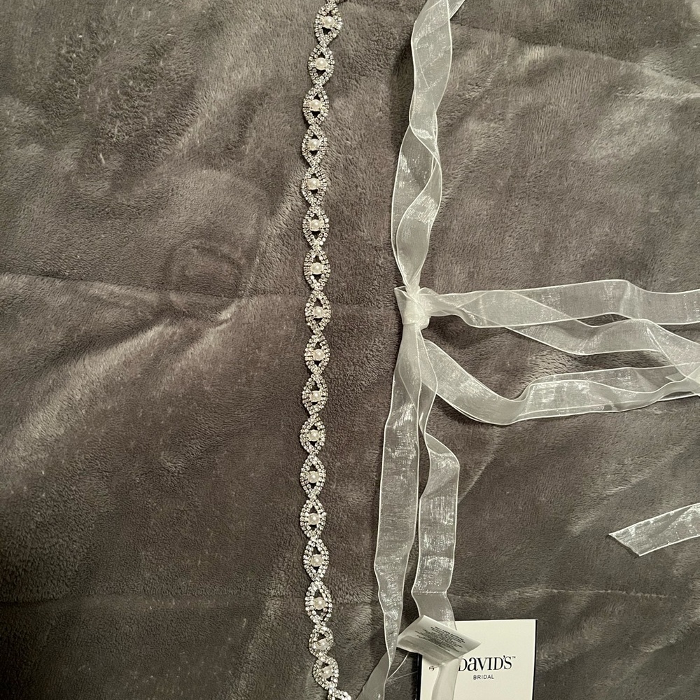 David's Bridal White Beaded Ribbon Sash